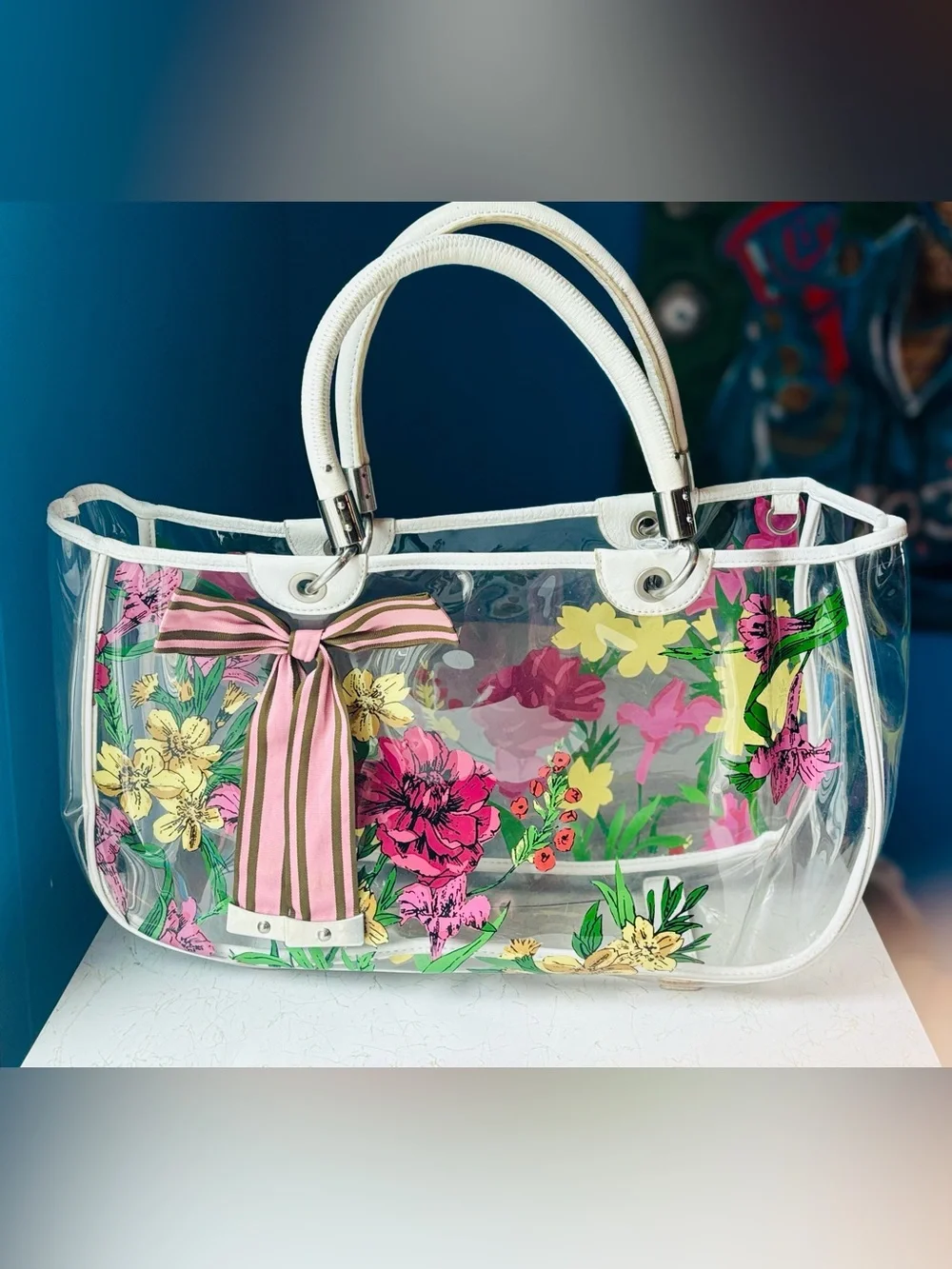 Vintage Y2K Clear Floral Polyvinyl Tote with Leather Handles by Laundry Shelli S